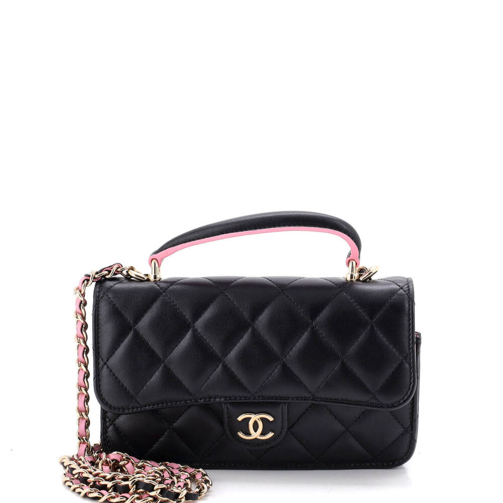 Chanel Classic Top Handle Flap Phone Holder with Chain Quilted Lambskin